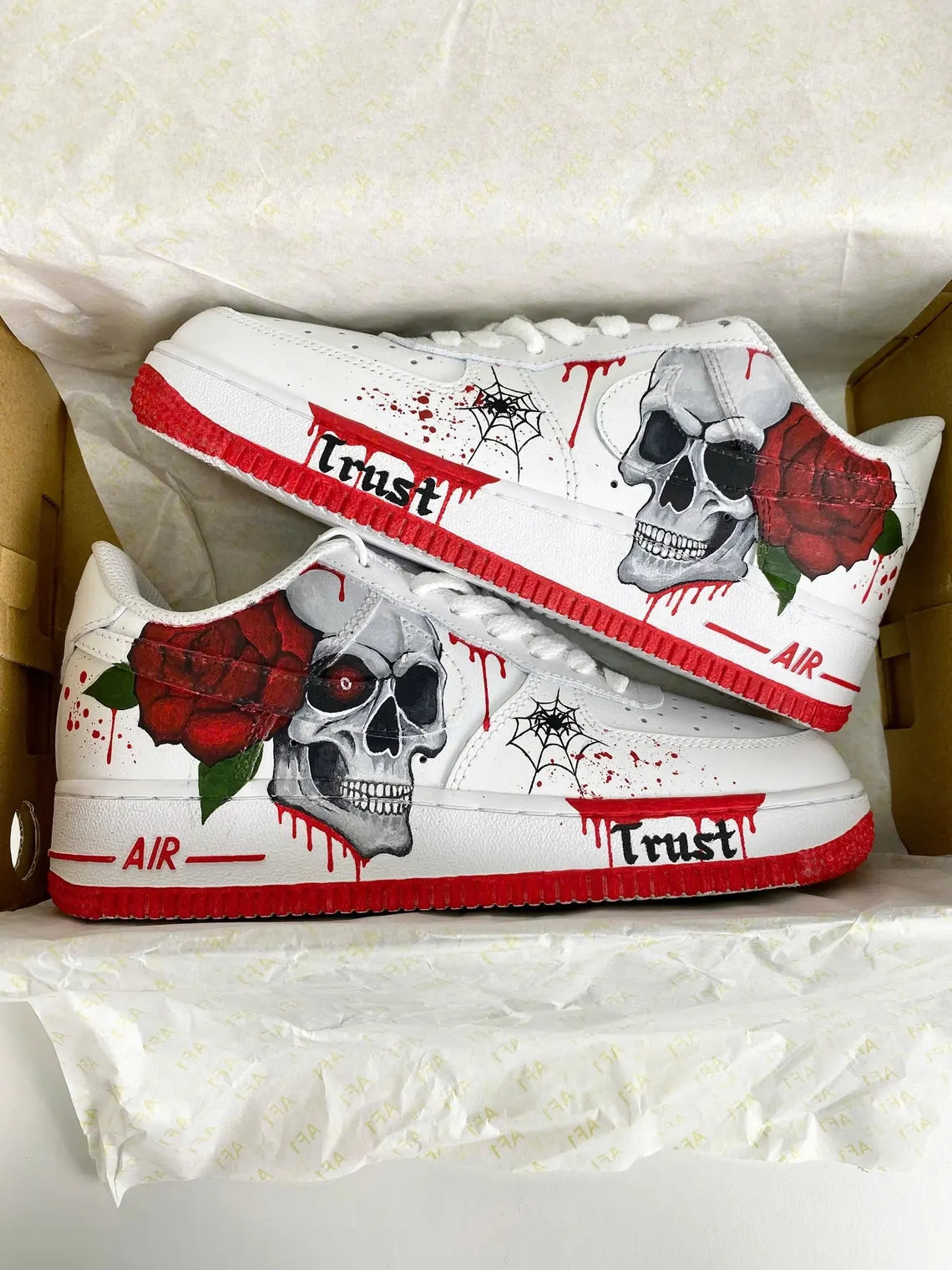 Custom Air Force 1 White with Skull Rose And Spider - Web Pattern