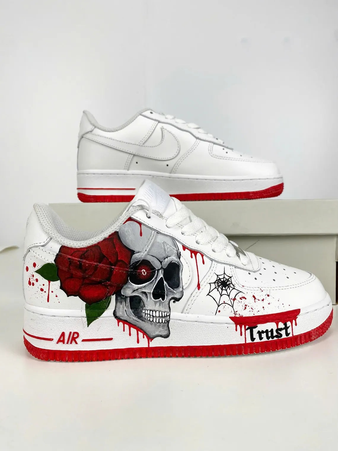 Custom Air Force 1 White with Skull Rose And Spider - Web Pattern