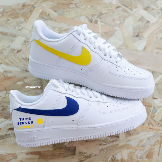 Custom Air Force 1 White Yellow And Blue And Text Design