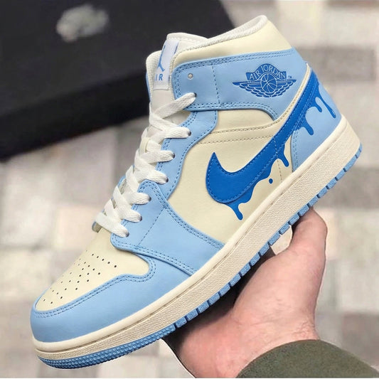 Custom Air Jordan 1 Baby Blue Cream Drip Swoosh