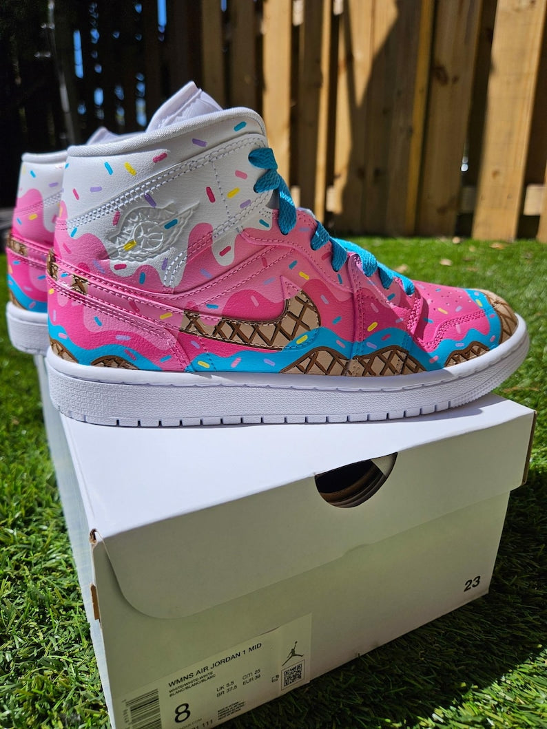 Custom Air Jordan 1 Baby Pink And Blue With Ice - Cream Pattern