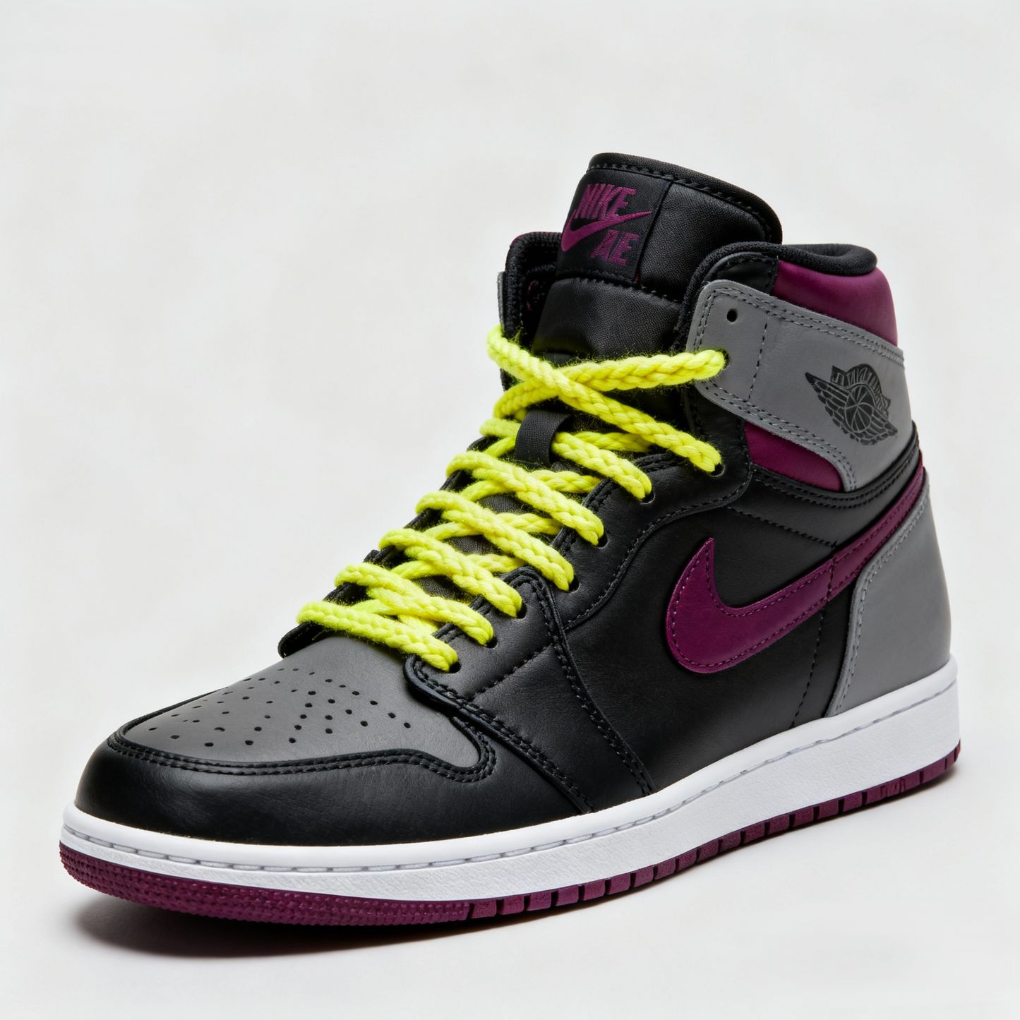 Custom Air Jordan 1 Black Gray Magenta Neon Yellow Laces