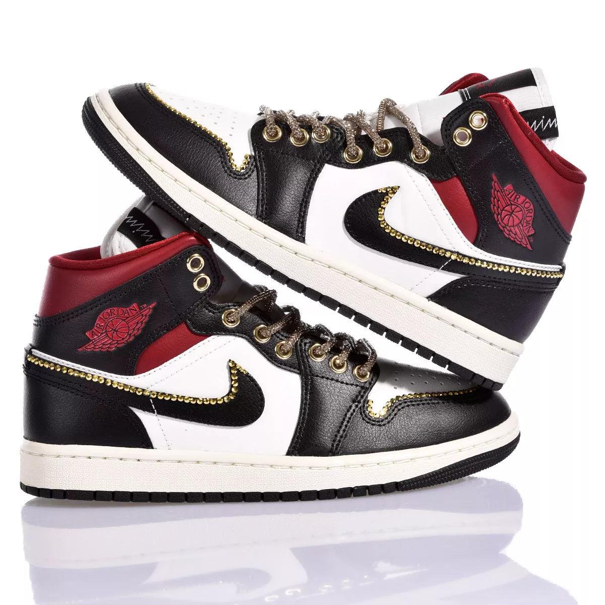Custom Air Jordan 1 Black White and Red With Gold Rhinestones