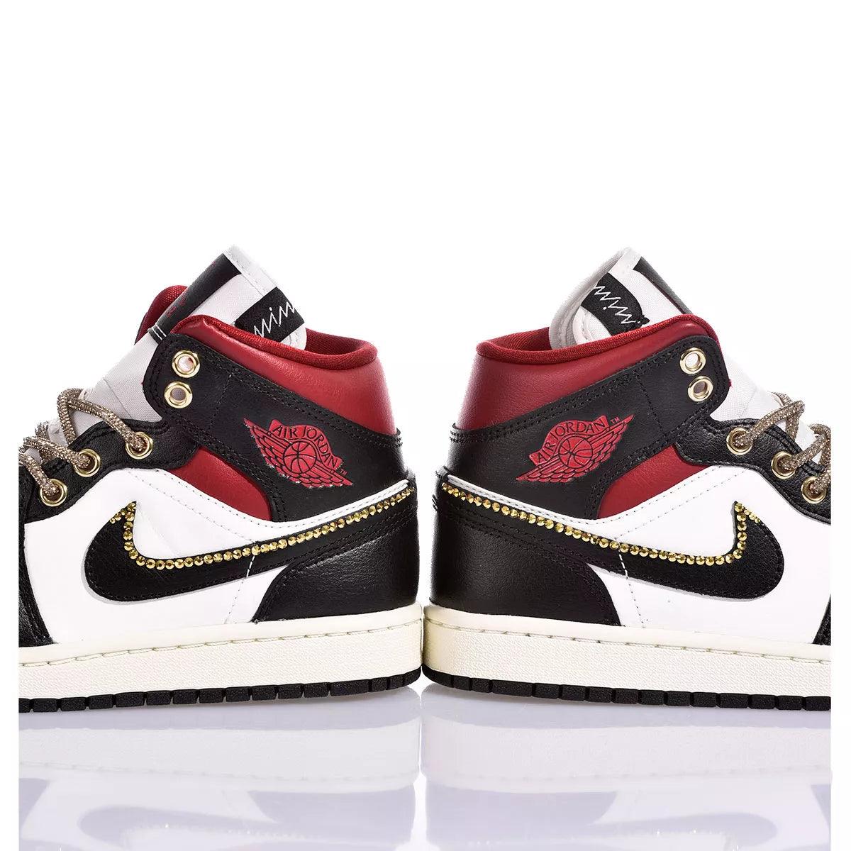 Custom Air Jordan 1 Black White and Red With Gold Rhinestones