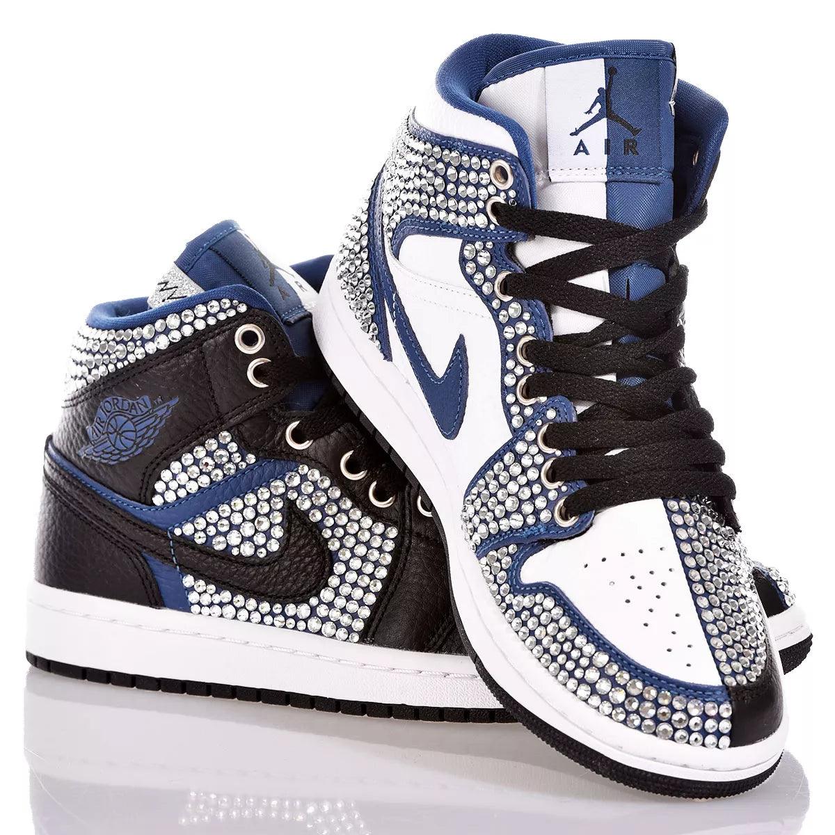 Custom Air Jordan 1 Black White Blue With Rhinestones
