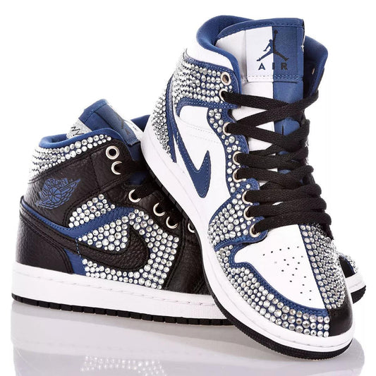 Custom Air Jordan 1 Black White Blue With Rhinestones