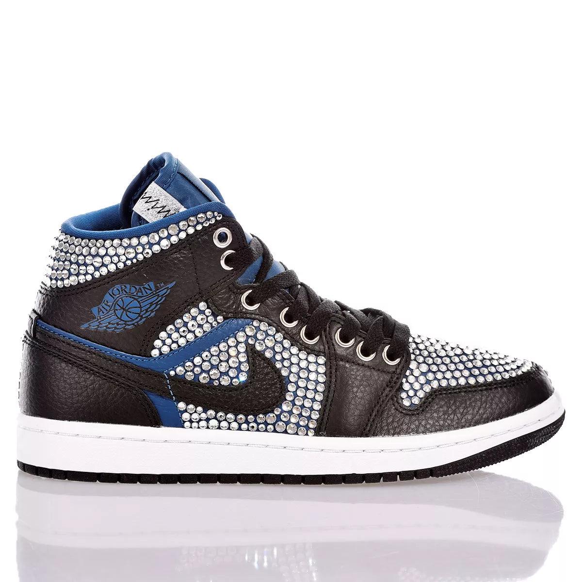 Custom Air Jordan 1 Black White Blue With Rhinestones