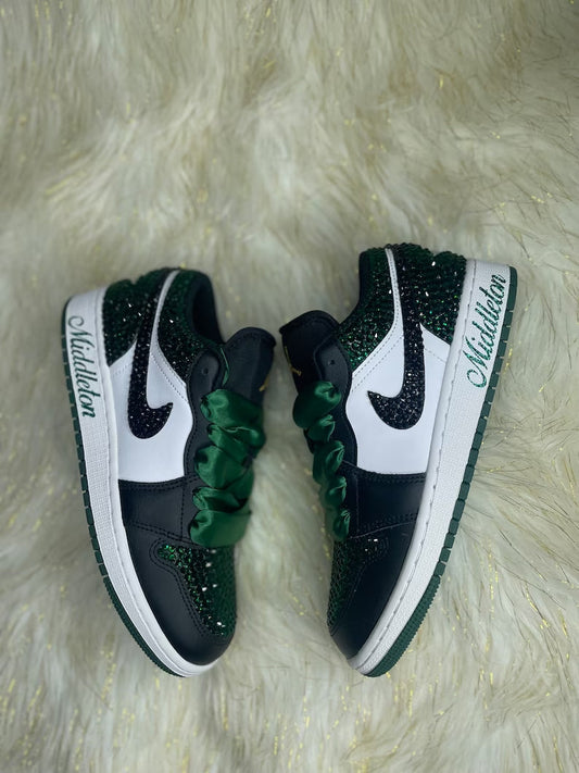Custom Air Jordan 1 Black White Green Rhinestones