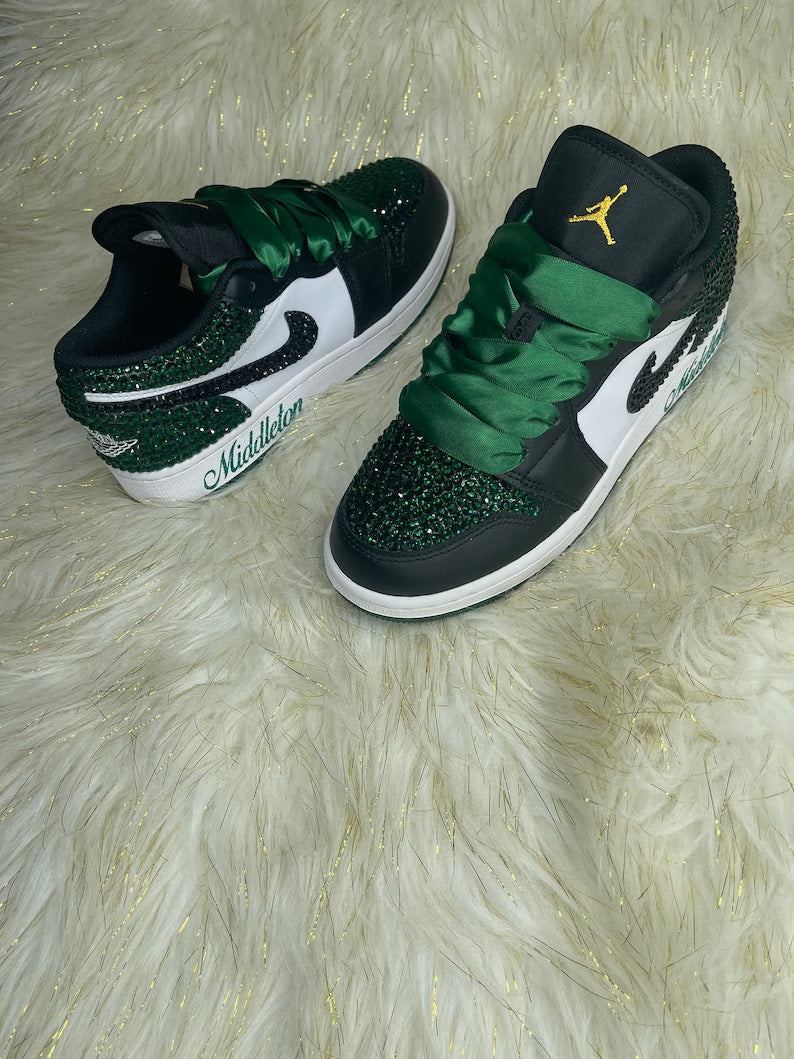 Custom Air Jordan 1 Black White Green Rhinestones