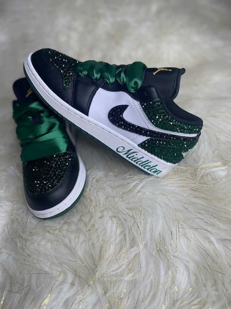 Custom Air Jordan 1 Black White Green Rhinestones