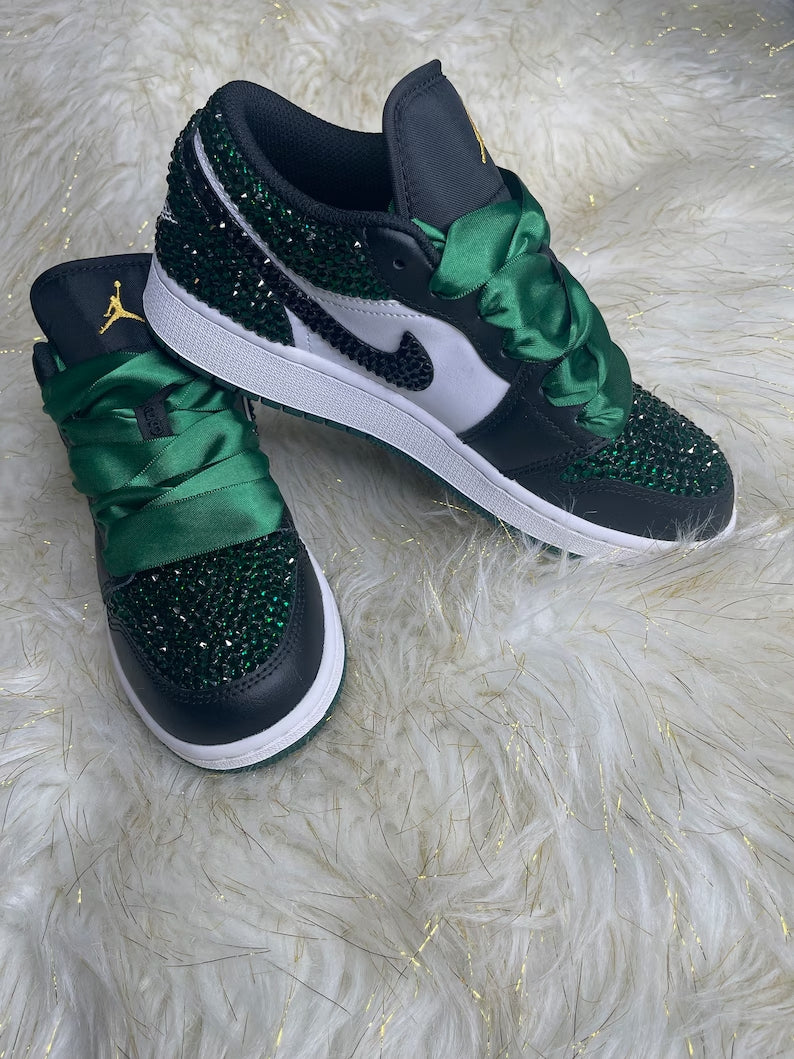 Custom Air Jordan 1 Black White Green Rhinestones
