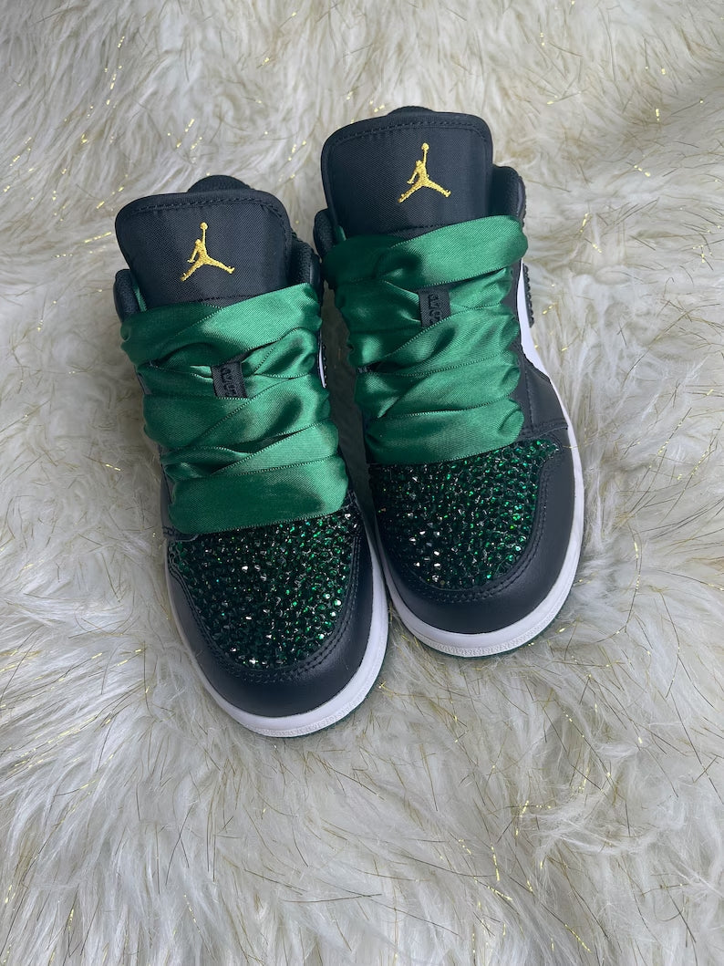 Custom Air Jordan 1 Black White Green Rhinestones