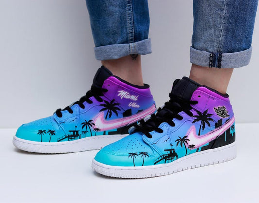 Custom Air Jordan 1 Blue And Purple With Palm Tree Pattern