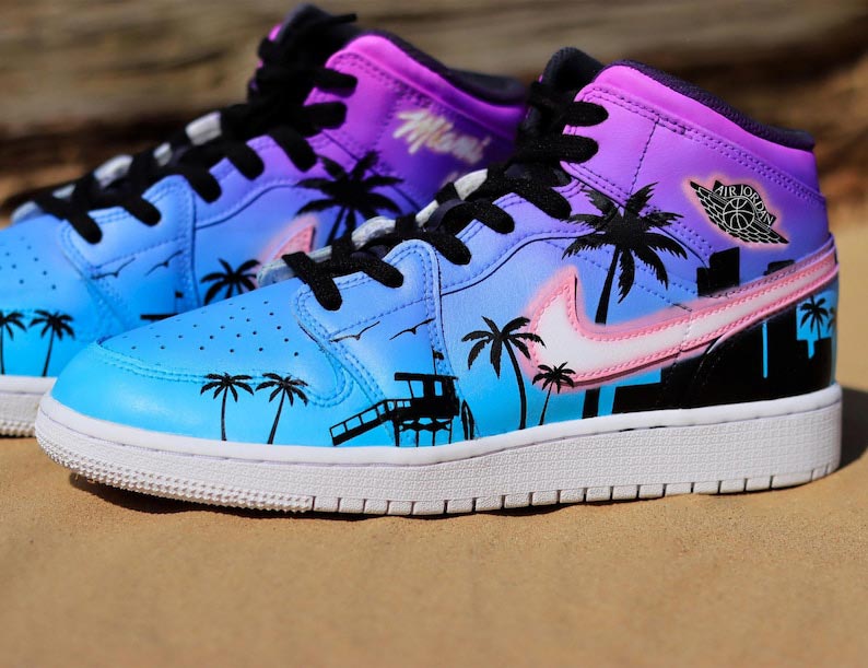 Custom Air Jordan 1 Blue And Purple With Palm Tree Pattern