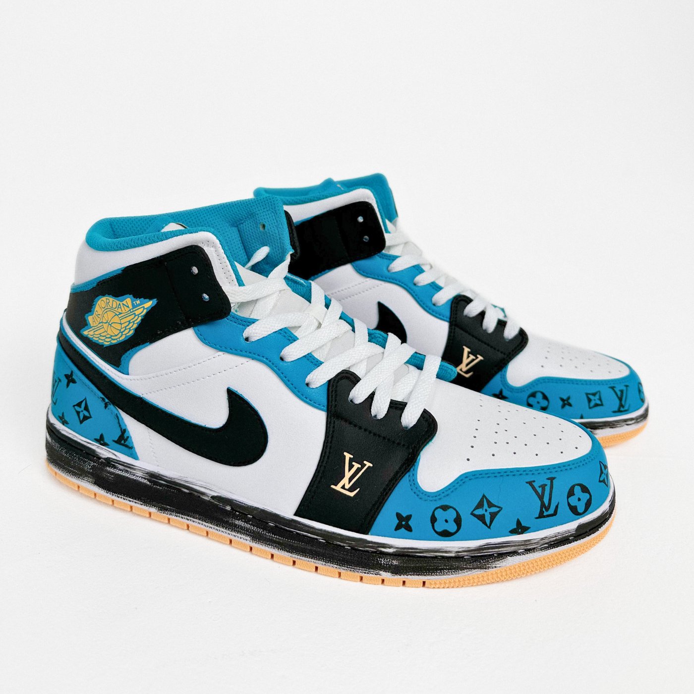 Custom Air Jordan 1 Blue White With LV Pattern