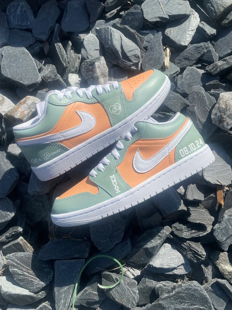 Custom Air Jordan 1 Mint Green Orange With Heart And Date Pattern