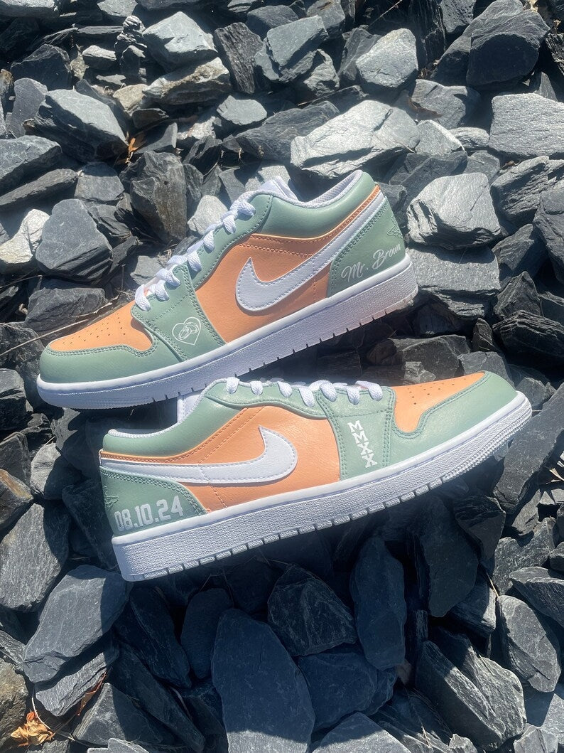 Custom Air Jordan 1 Mint Green Orange With Heart And Date Pattern