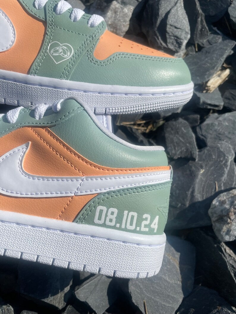 Custom Air Jordan 1 Mint Green Orange With Heart And Date Pattern