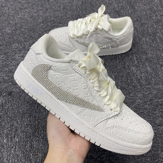 Custom Air Jordan 1 Travis Scott White LV Logo with Rhinestones
