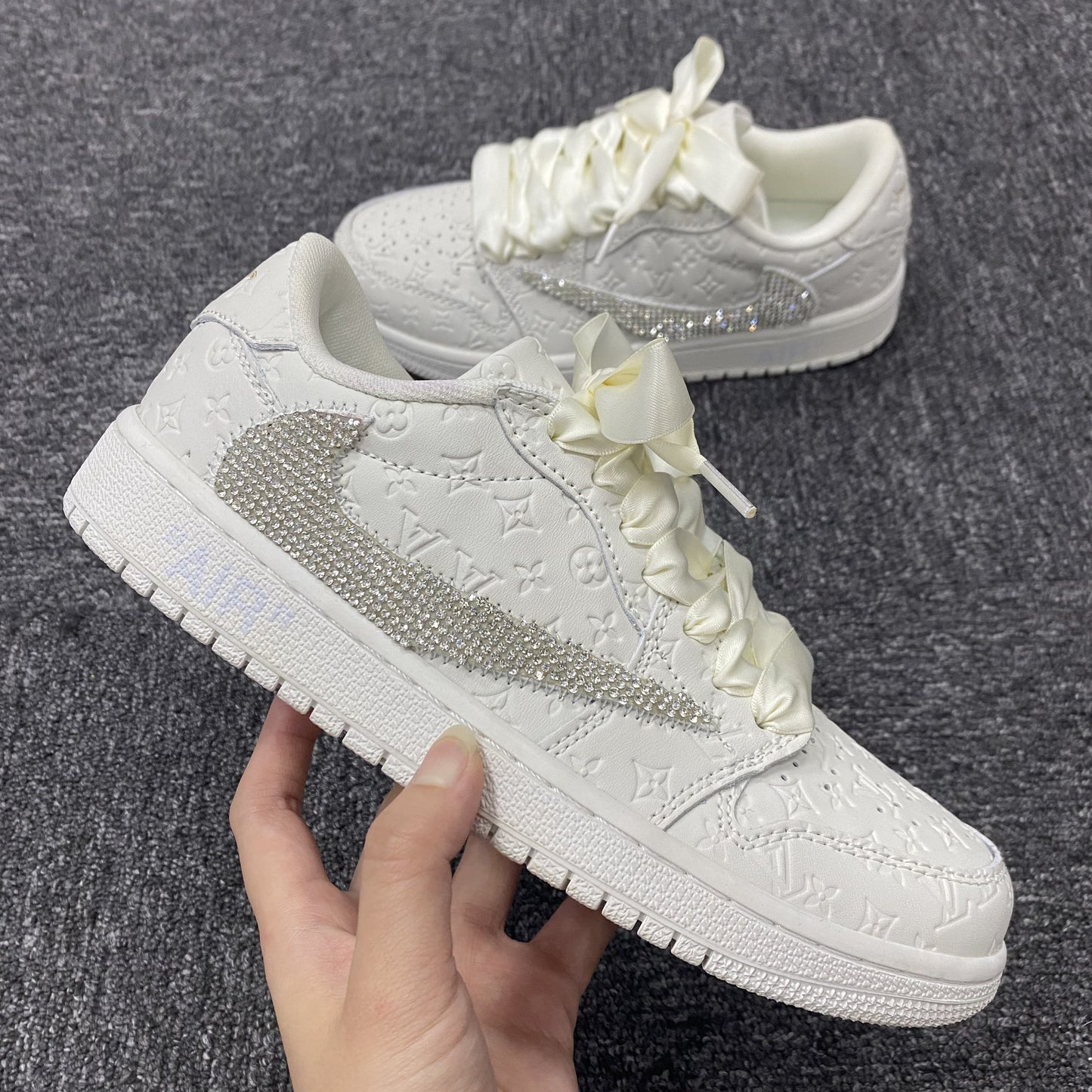 Custom Air Jordan 1 Travis Scott White LV Logo with Rhinestones