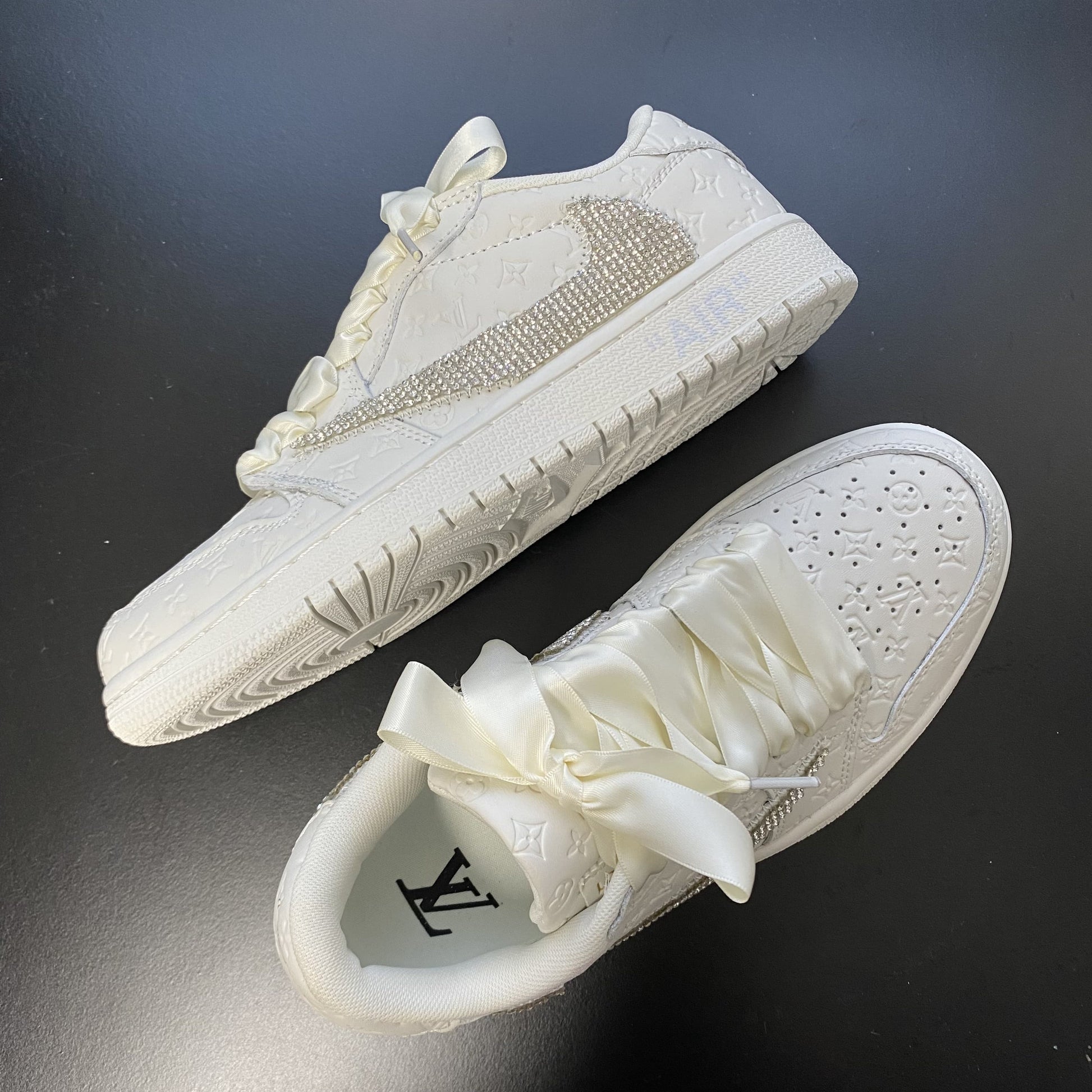 Custom Air Jordan 1 Travis Scott White LV Logo with Rhinestones