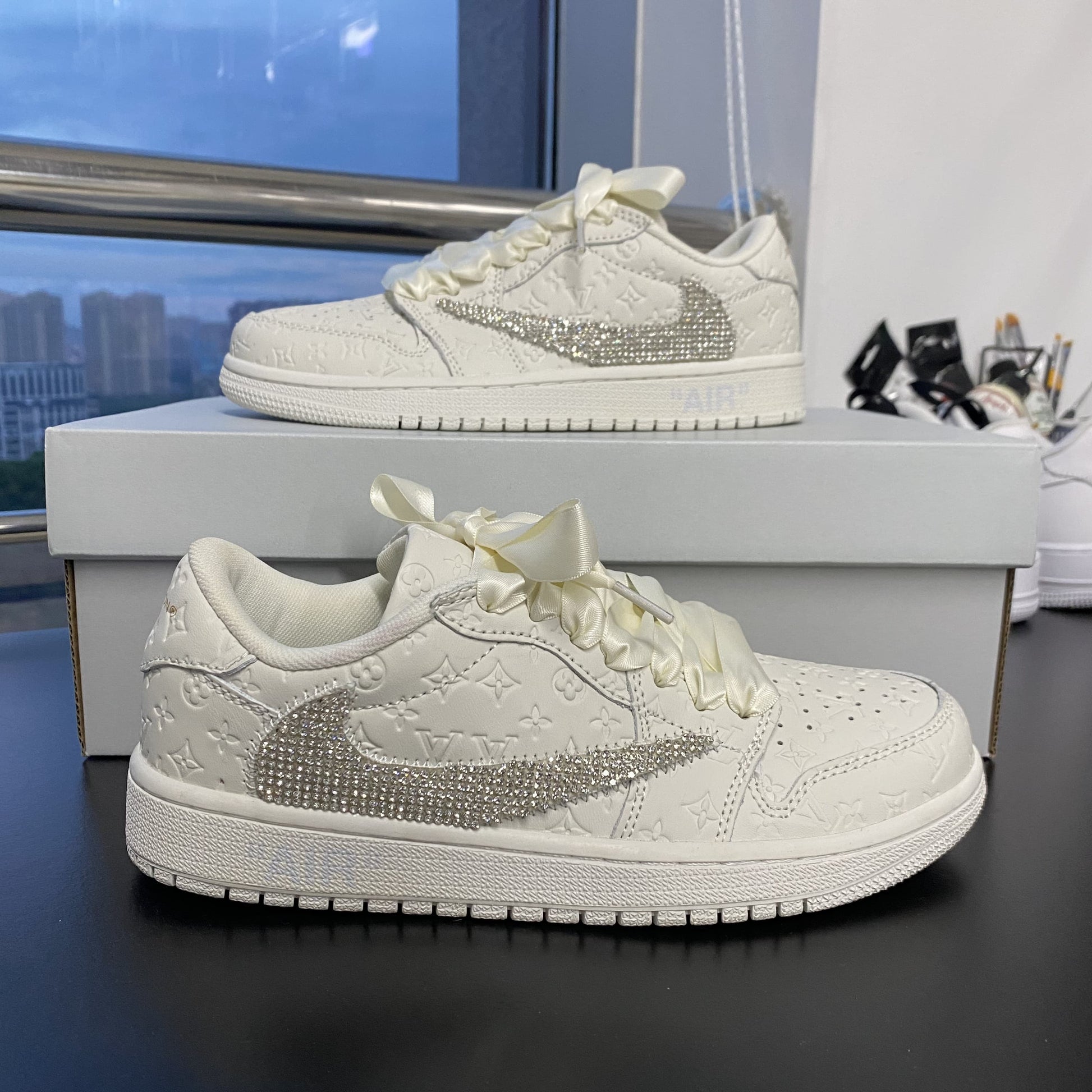 Custom Air Jordan 1 Travis Scott White LV Logo with Rhinestones