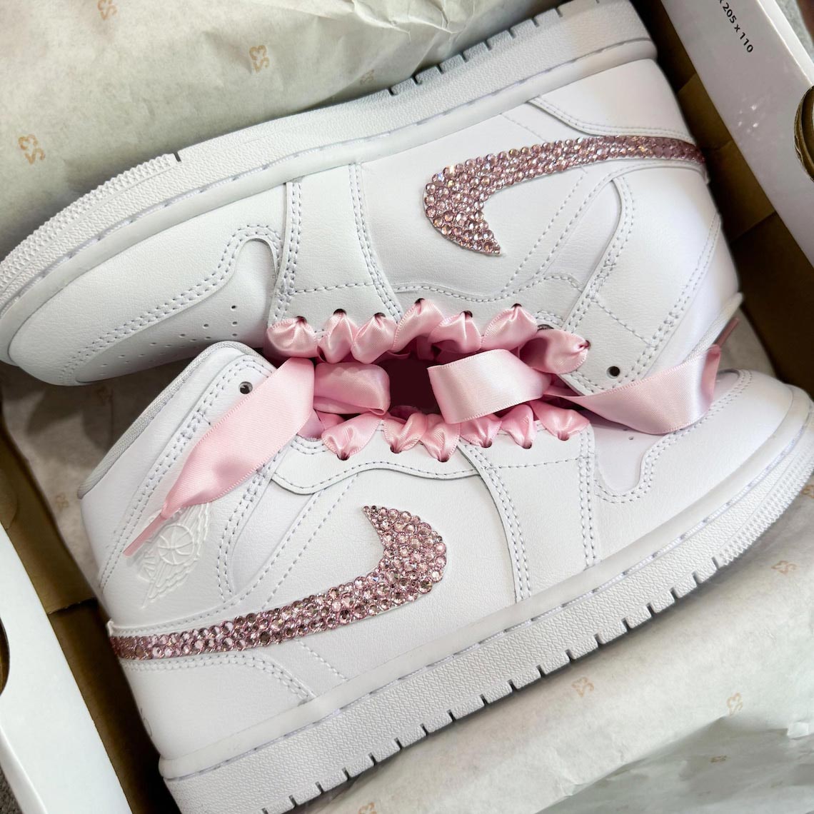 Custom Air Jordan 1 White Baby Pink Rhinestones Satin Ribbons