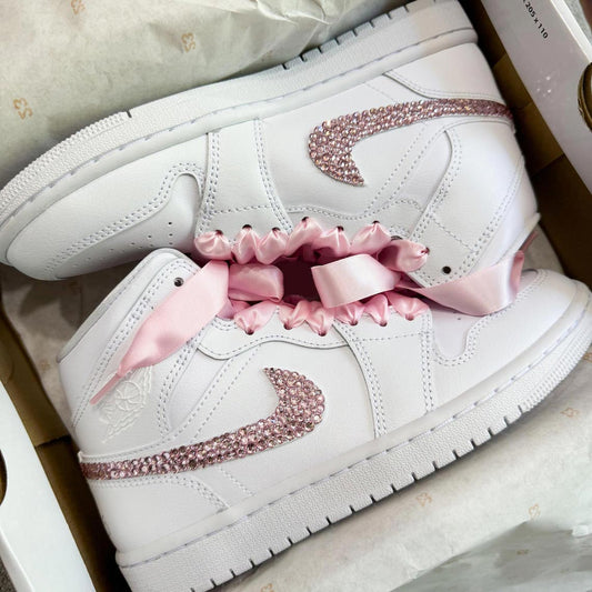 Custom Air Jordan 1 White Baby Pink Rhinestones Satin Ribbons