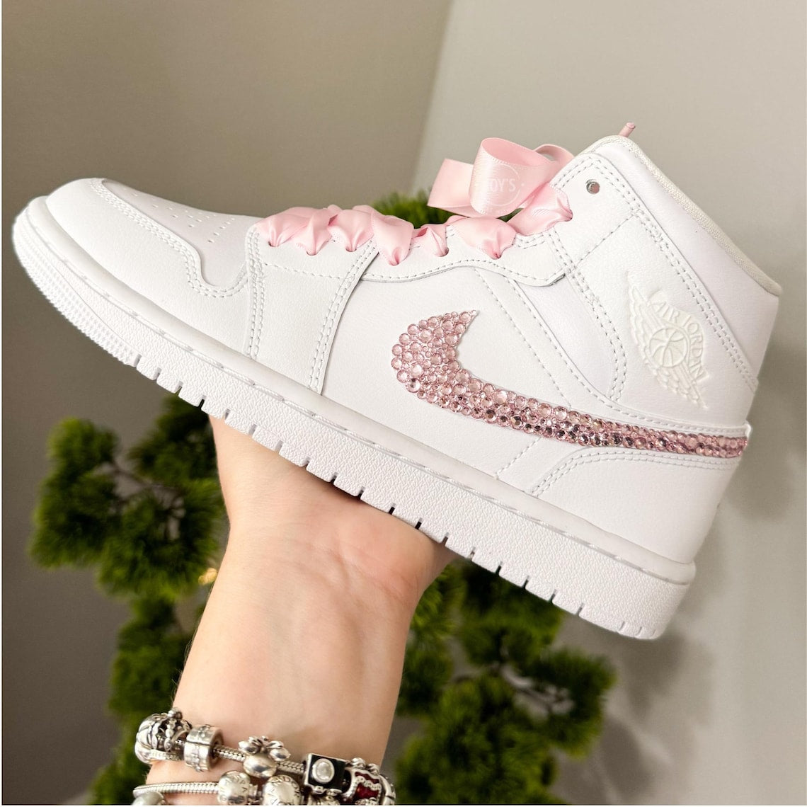 Custom Air Jordan 1 White Baby Pink Rhinestones Satin Ribbons