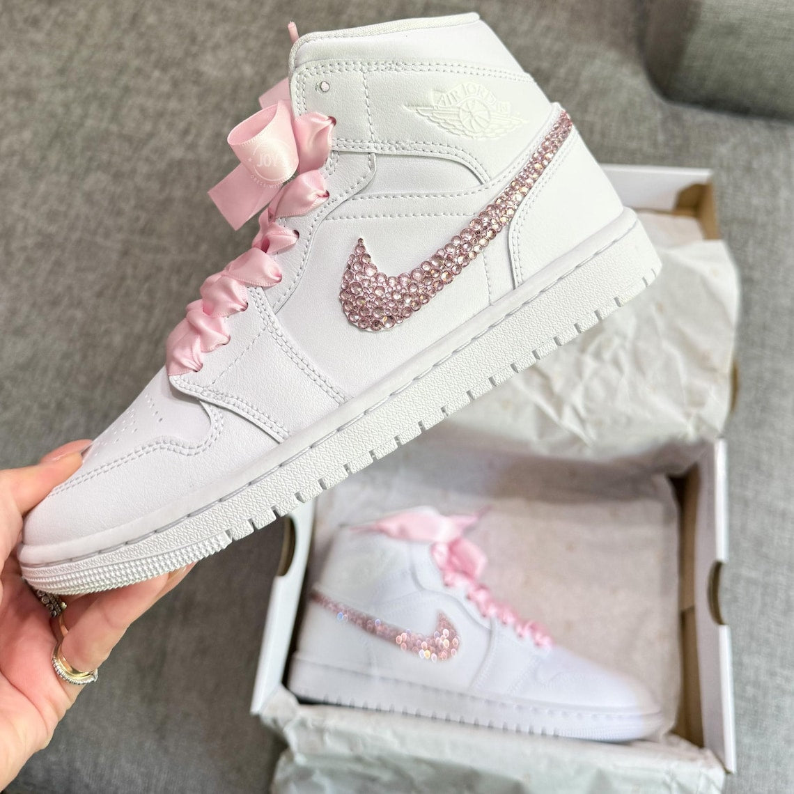 Custom Air Jordan 1 White Baby Pink Rhinestones Satin Ribbons
