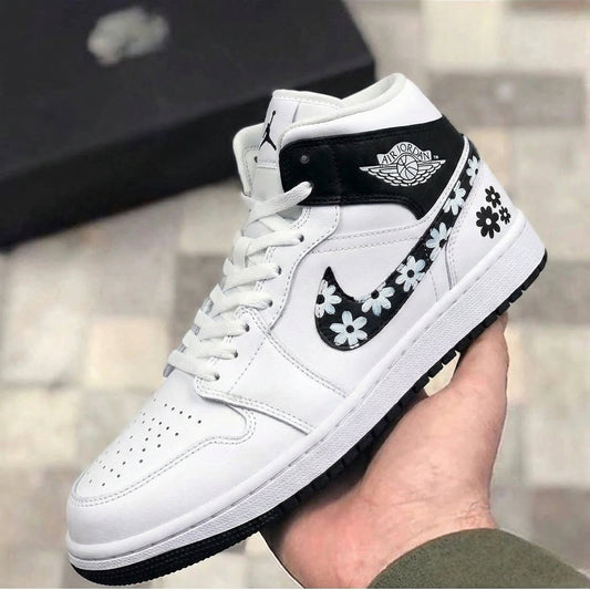 Custom Air Jordan 1 White Black Daisies