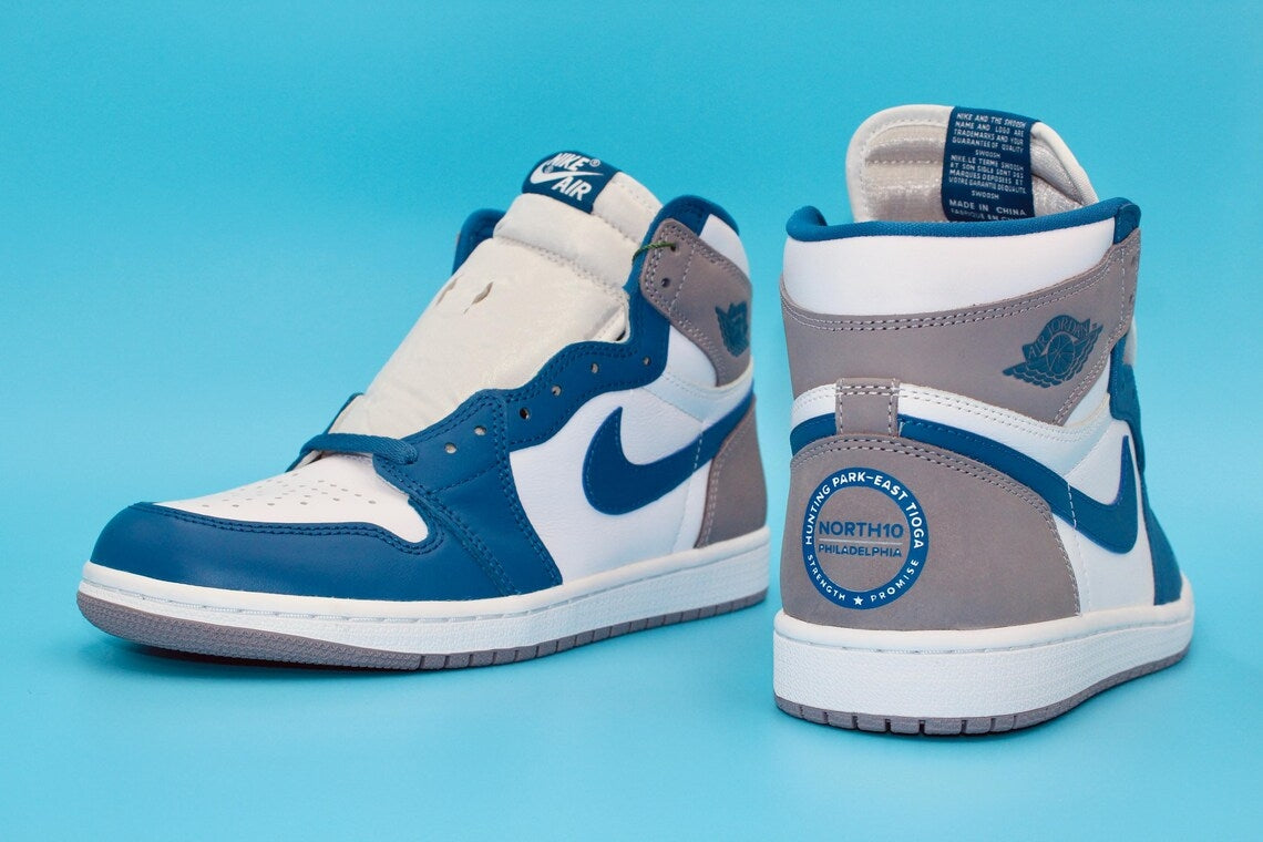 Custom Air Jordan 1 White Blue And Grey with Circular Logo
