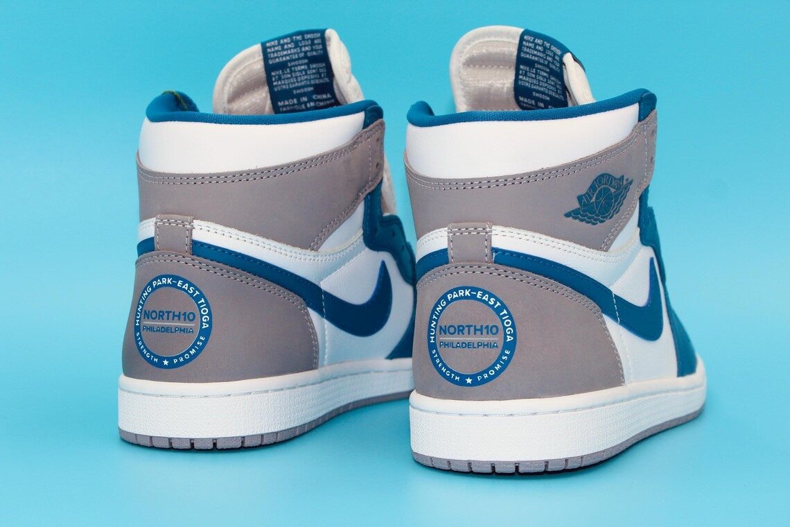 Custom Air Jordan 1 White Blue And Grey with Circular Logo