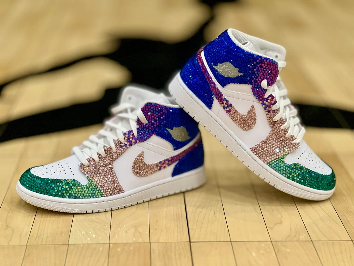 Custom Air Jordan 1 White Blue Green with Rhinestones
