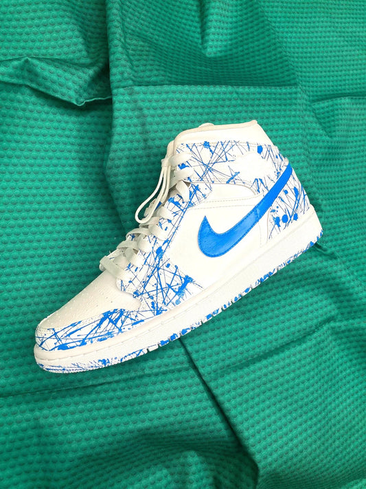 Custom Air Jordan 1 White Blue Splatter Pattern