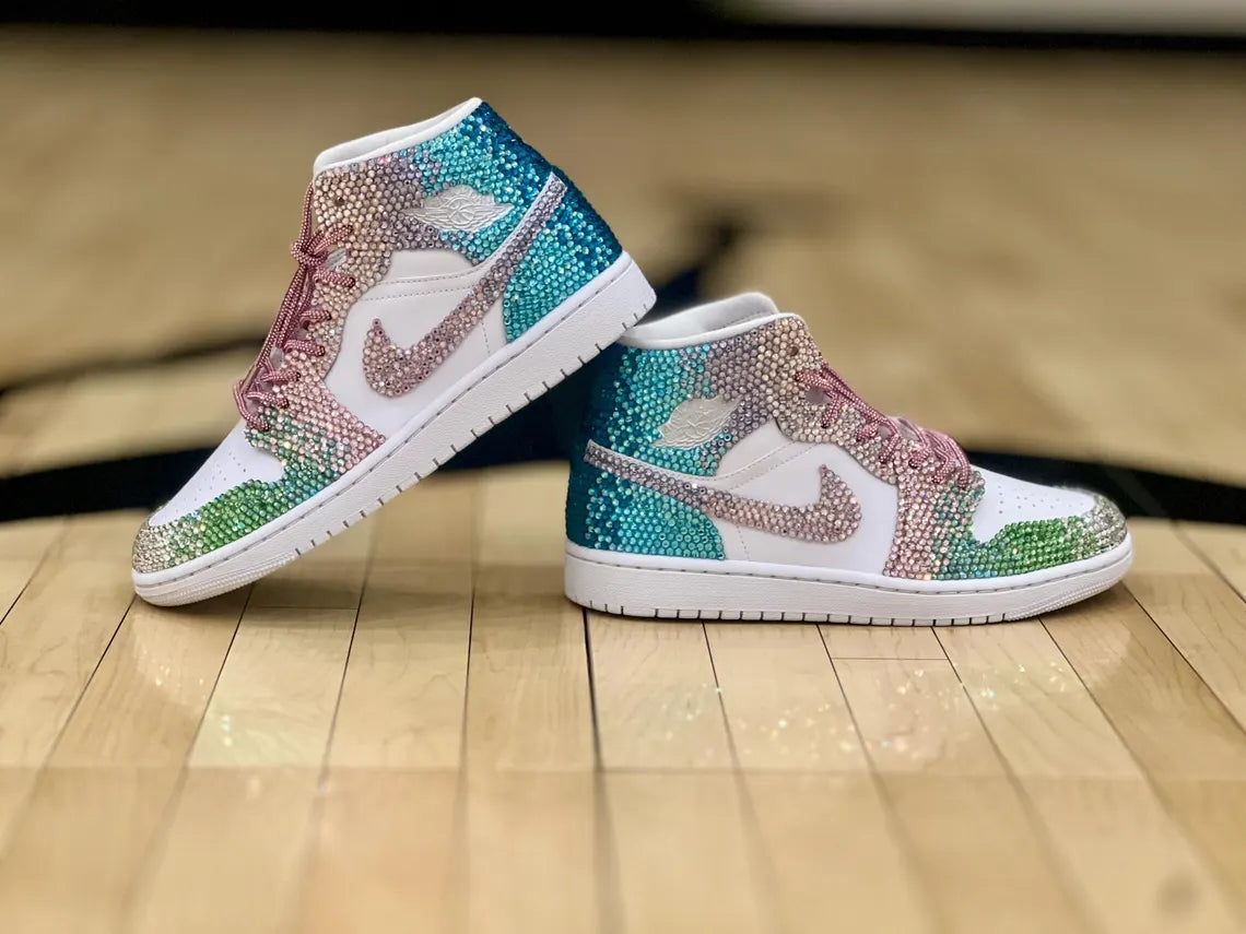 Custom Air Jordan 1 White Multi - colored Rhinestones