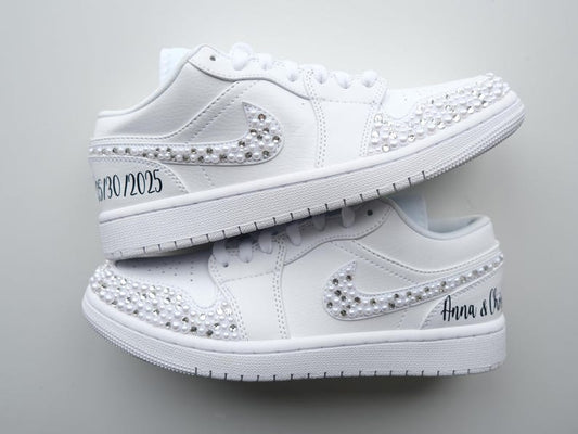 Custom Air Jordan 1 White Pearl Rhinestone Embellishments