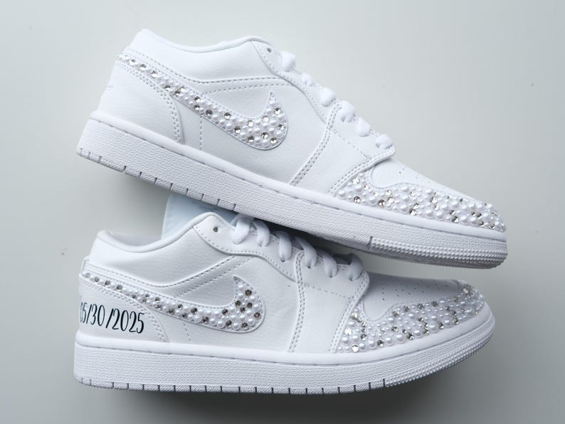Custom Air Jordan 1 White Pearl Rhinestone Embellishments