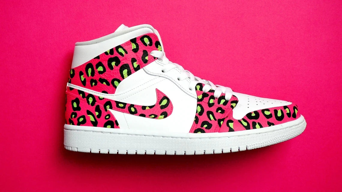 Custom Air Jordan 1 White Pink Green Leopard Print
