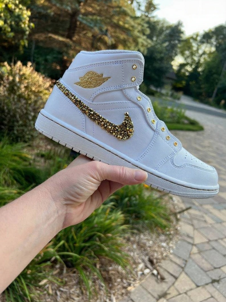 Custom Air Jordan 1 White With Gold Glitter Pattern