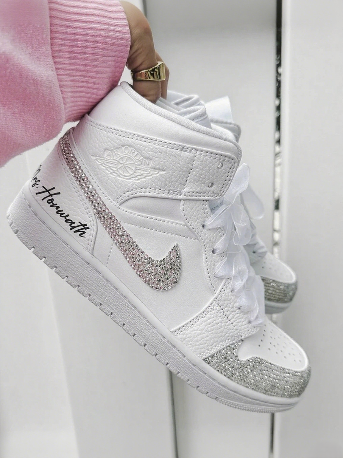 Custom Air Jordan 1 White With Sliver Rhinestones Detailing