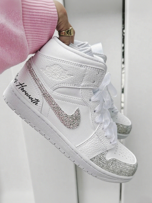 Custom Air Jordan 1 White With Sliver Rhinestones Detailing