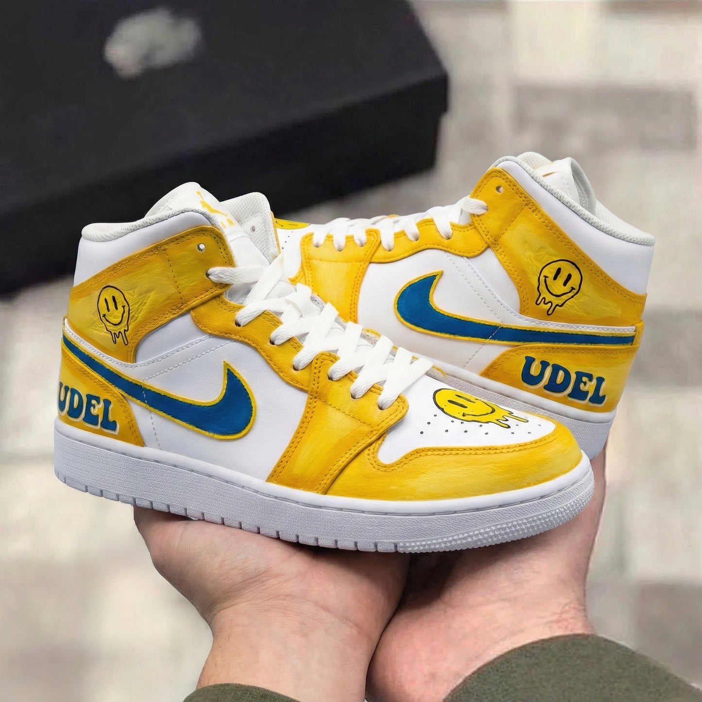 Custom Air Jordan 1 Yellow Blue Smiley Faces UDEL