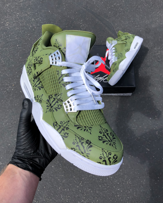 Custom Air Jordan 4 Green With Black Floral Patterns