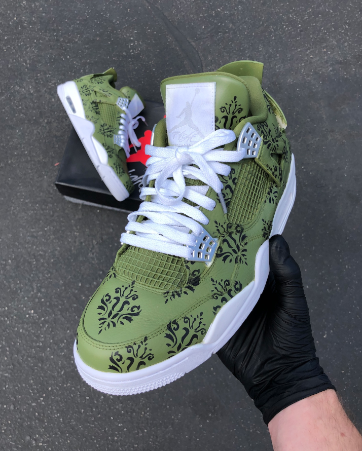 Custom Air Jordan 4 Green With Black Floral Patterns