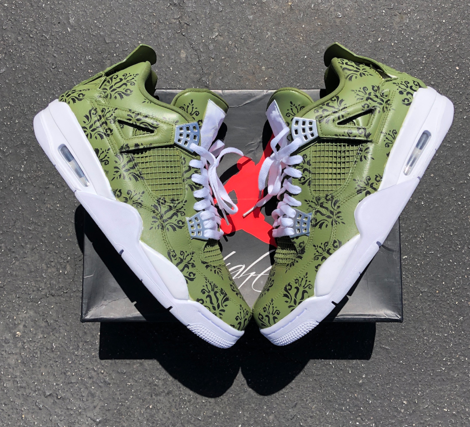 Custom Air Jordan 4 Green With Black Floral Patterns