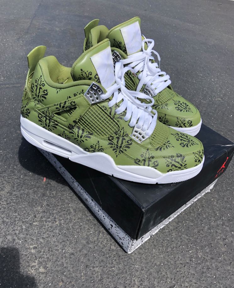 Custom Air Jordan 4 Green With Black Floral Patterns