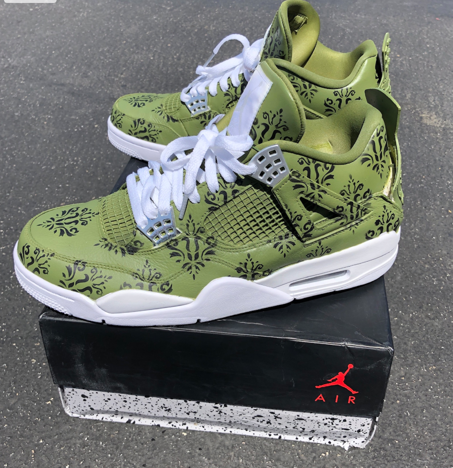 Custom Air Jordan 4 Green With Black Floral Patterns