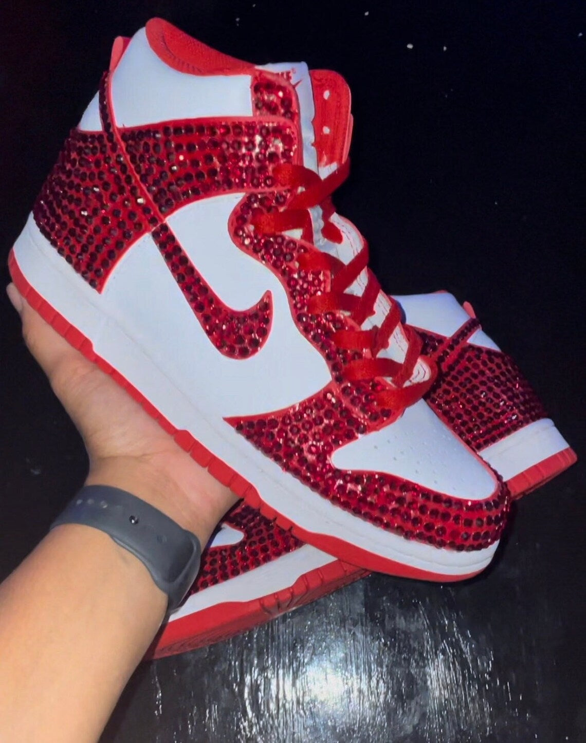 Custom Dunk Red White Rhinestones High