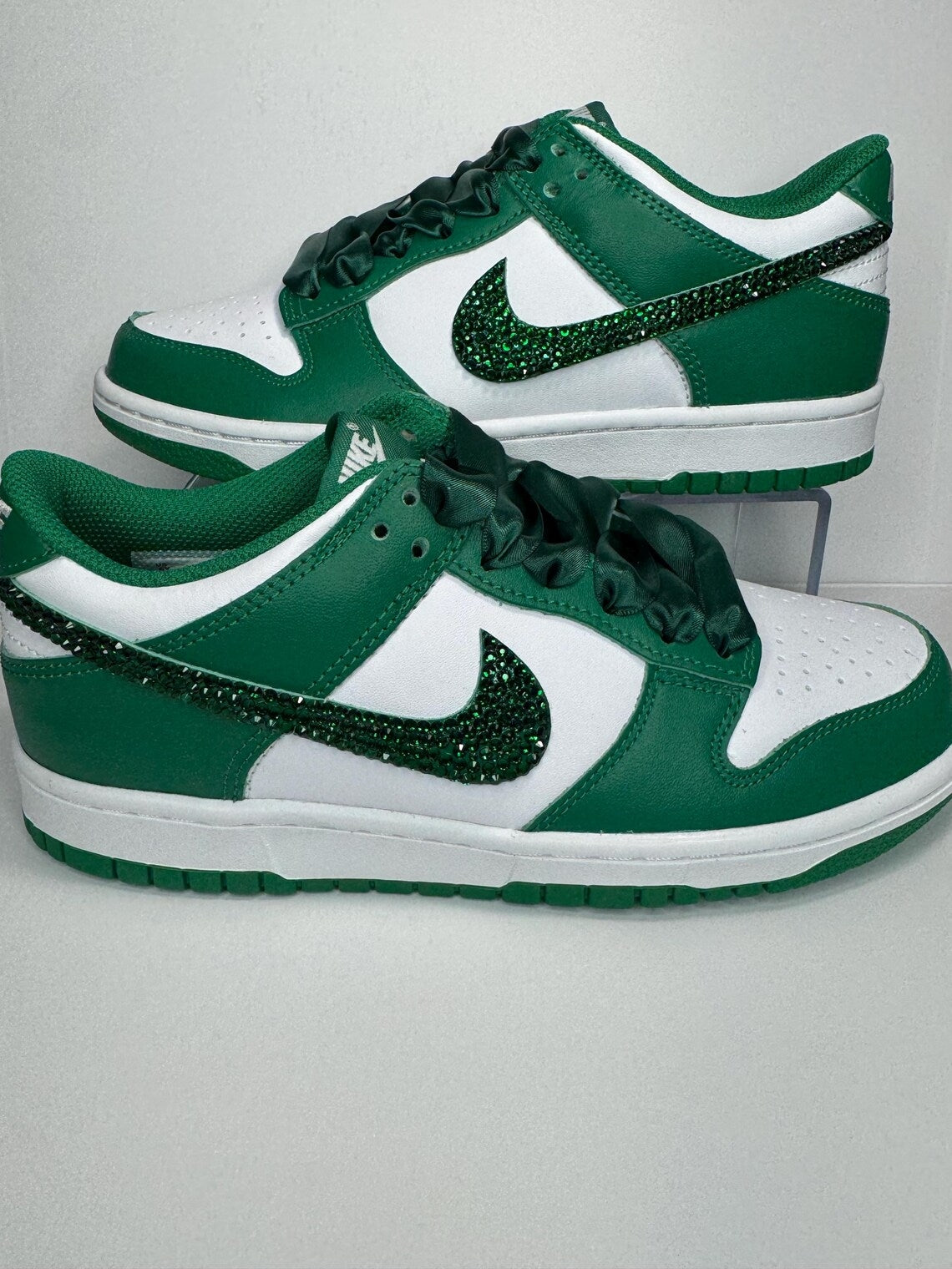 Custom Dunk White Green Rhinestones Satin Laces